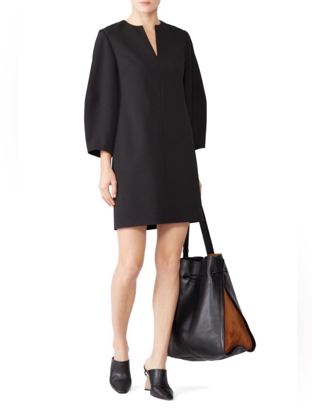 Tibi Black Sculpted Sleeve Shift Dress 12 R218SC1170 Stretch Crepe Minimalist
